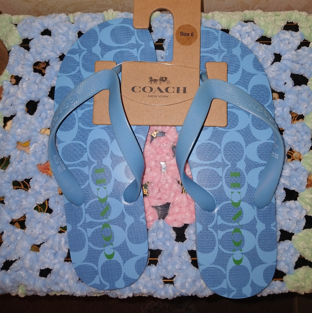 Coach Light Blue Patterned Flip Flops